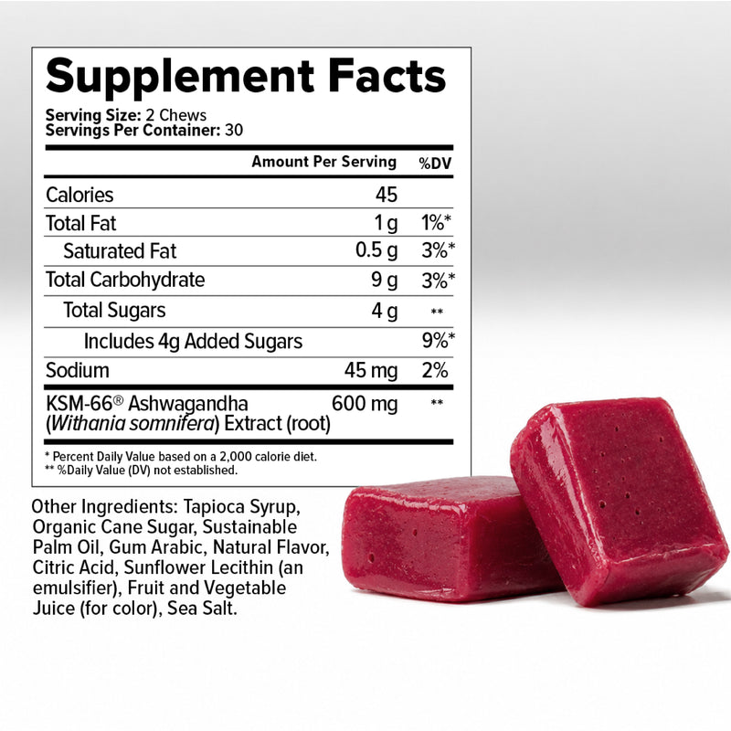 Supplement Facts panel for Inno Supps Ashwagandha Chews showing a serving size of two chews with 600 mg of KSM-66® Ashwagandha, 45 calories, and 4 grams of total sugar, alongside two blackberry-colored chews.