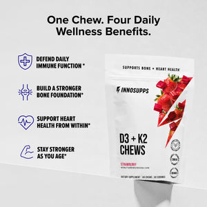 Educational graphic summarizing four daily wellness benefits of Inno Supps Strawberry D3 + K2 Chews, including immune, bone, heart, and healthy aging support.