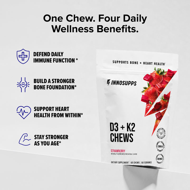 Educational graphic summarizing four daily wellness benefits of Inno Supps Strawberry D3 + K2 Chews, including immune, bone, heart, and healthy aging support.