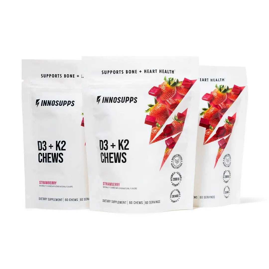 Three-pack bundle of Inno Supps Strawberry D3 + K2 Chews.